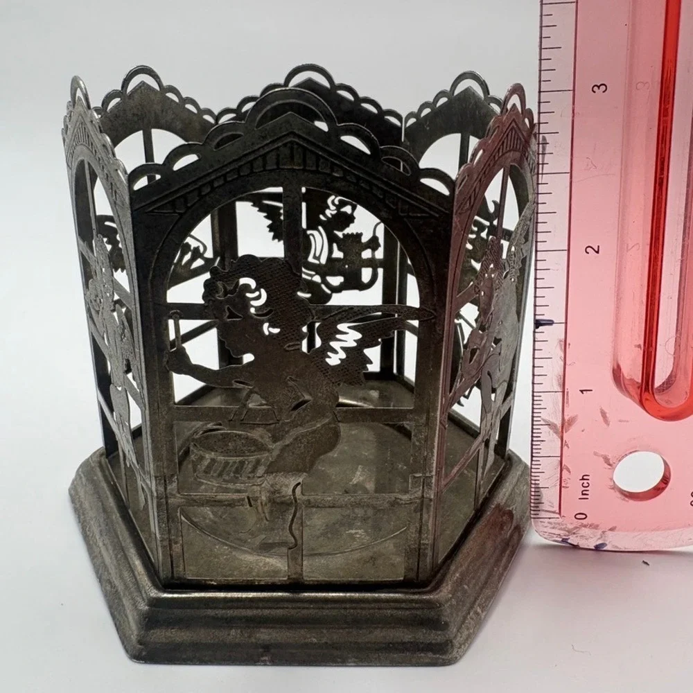 Vintage Silver Tone Cherub Angel Hexagon Votive Candle Holder Metal Filigree